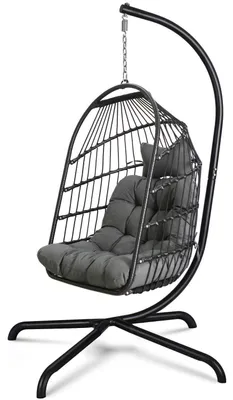 Produktbild von Hängesessel mit Ständer und Kissen, faltbar, Rattan-Optik, schwarz, 147 kg Kapazität