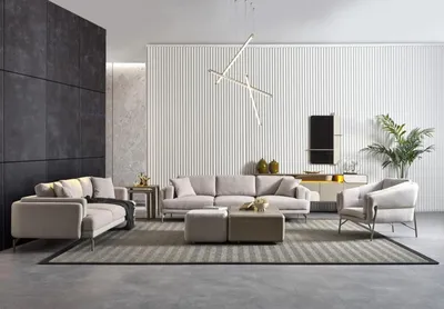 Immagine prodotto di Set da salotto moderno con divani in tessuto beige, tavolini da caffè