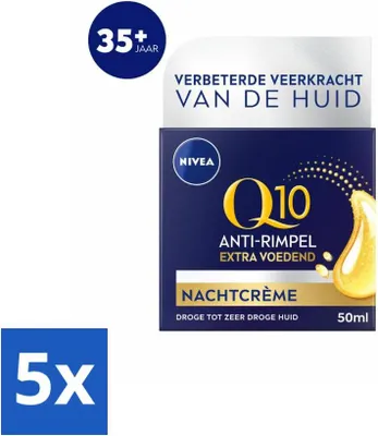 Obrázok produktu pre NIVEA - Nočný krém - Q10 Extra výživný - Na suchú pleť - Proti vráskam - S kreatínom - 50 ml - Hodnotné balenie - 5 kusov