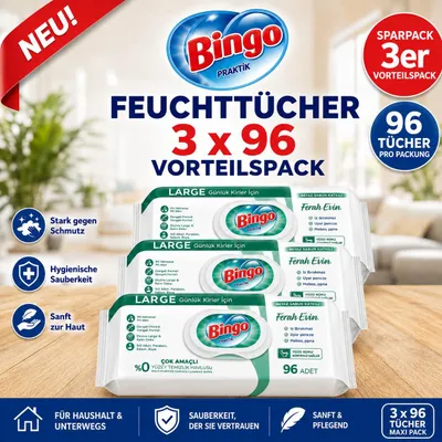 Produktbild von Bingo Grün 3x96 Blatt – Frische Brise Duft – Mehrzweck Reinigungstücher – Multi Surface Wipes
