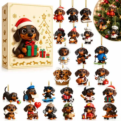 Produktbild von Dackel Adventskalender 2026, 24 kleine Hundefiguren aus PVC, Hunde-Sammelfiguren als Weihnachtsdekoration und Geschenk