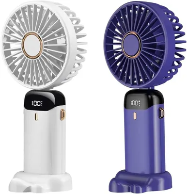 Produktbild von Tragbarer Ventilator, Mini-Hand- und Tischventilator – 5 Geschwindigkeitsstufen, per USB aufladbar, mit LED-Anzeige – Ventilator im Taschenformat für Büro, Reisen, Strand, Camping (Blau, Weiß)