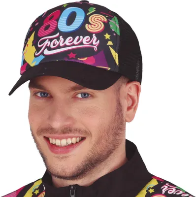 Imagen del producto de Gorra estilo camionero retro de los años 80, ideal para fiestas, disfraces, carnavales y eventos. Destaca por sus colores vibrantes y detalles neón. Color: Multicolor