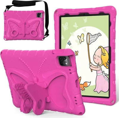 Produktbild von Kinder Hülle für iPad Air 11" M3/M2 2025/2024, iPad Air 2022/2020 10,9", iPad Air 5/4 Leicht Stoßfeste EVA Kindgerechtes Schutzhülle mit Schultergurt, Schmetterlings-Ständer Rosa