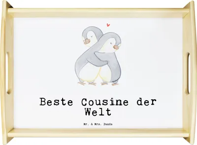 Produktbild von Mr. & Mrs. Panda Servier Tablett Pinguin Beste Cousine der Welt - Weiß - Geschenk, Cousin, Familie, sofatablett, Kousine, zum servieren, Cousinchen, Deko, Kusine