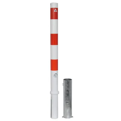 Produktbild von Schake Absperrpfosten herausnehmbar aus Stahlrohr verzinkt Ø76x2,9mm weiß mit rot reflektierenden Leuchtstreifen, Profilzylinder und Stahlkappe 900mm Überflur
