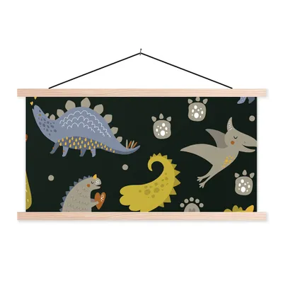 Produktbild von MuchoWow® Textilposter Dino - Kinder - Schnittmuster - Jungen - Mädchen - Dinosaurier 60x30 cm mit holzfarbenen Rahmen - Dekoration