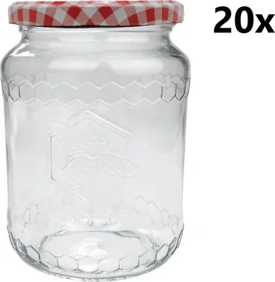 Obrázek produktu pro Zavařovací sklenice 770 ml ČESKÝ MED čirá 20 ks VČETNĚ KÁRO ČERVENÝCH VÍČEK, Počet kusů v balení: 20