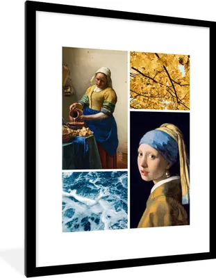 Produktbild von MuchoWow® Gerahmtes Poster Collage - Vermeer - Milchmädchen - Mädchen mit Perlenohrring 60x80 cm - Poster mit Schwarzem Bilderrahmen Wandposter Rahmen Foto Bilder - Wohnzimmer - Dekorationen - Prämie
