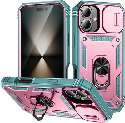 Produktbild von iPhone 16 Hülle, Schiebe Kamera Schutz Stoßfest Schutzhülle mit Ringhalterung Ständer für iPhone 16 Pink