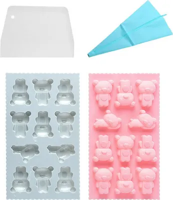 Produktbild von 2 Stück Bären-Schokoladen-Gummiformen Mit 11 Mulden Antihaft-Silikon-Backformen Für Die Herstellung Von Eiswürfeln Gelee-Schokoladenseife Zum Formen Von Bonbons, Mit Spritzbeutel Und Schaber