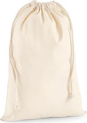 A plain, unadorned canvas drawstring bag against a white background.