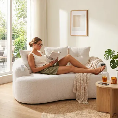 Produktbild von LVHOM Modernes 2-Sitzer Sofa, Polstersofa aus Chenille mit Seitentaschen, Geschwungene Couch bodentief, Organisches Design, 164x92x60cm, Beige