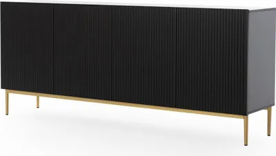 A black sideboard with gold legs on a white background.