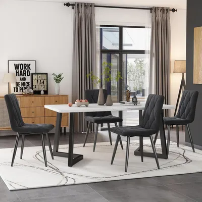 Image de Ensemble de salle à manger comprenant une table et 4 chaises. Table rectangulaire de 117x68x75 cm, plateau blanc, 4 chaises en velours gris, pieds en métal noir