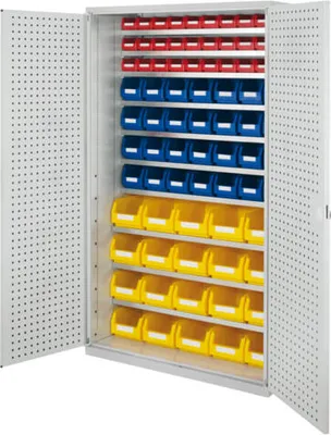 Produktbild von Magazinschrank - 78 Sichtlagerkästen - Lochplattentüren - 10 Böden - 1.950 x 1.130 x 590 mm (HxBxT) - lichtgrau