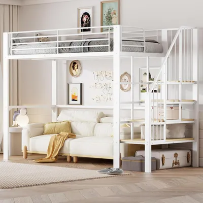Zdjęcie produktu dla Łóżko piętrowe, łóżko na podwyższeniu, wymiary 90x200 cm, z barierami ochronnymi, metalowa konstrukcja, miejsce do przechowywania pod schodami, kolor czarny/biały