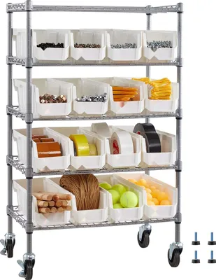 Produktbild von Standregal - Lagerregal/Werkstattregal - 5 Ebenen - Mit 16 Stapelboxen - Mit Rollen, rollbar/fahrbar - Maße 61 x 35,5 x 106,5 cm