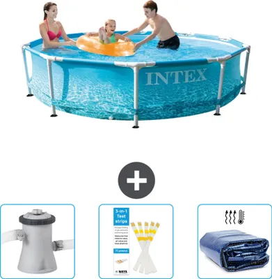 Zdjęcie produktu dla Basen Intex z okrągłą ramą - 305 x 76 cm - ciśnienie wody - pompa filtrująca do basenu w zestawie - paski testowe - markiza przeciwsłoneczna