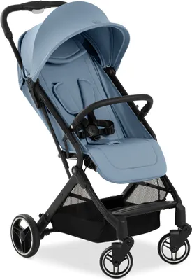 A blue and black stroller is shown against a white background.
