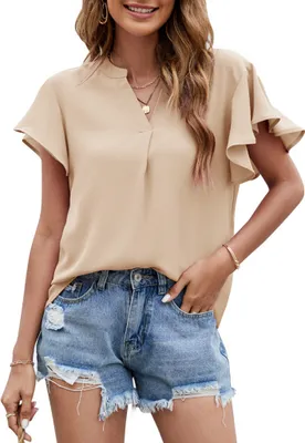 Image de ASKSA Chemisier Femme Mousseline Elégant Col en V Ruffles Eté Manches Courtes Tops Tunique Casual, Abricot, XL
