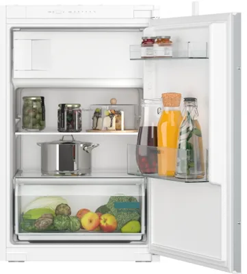 Siemens iQ100, KI22LNSE0, Einbau-Kühlschrank mit Gefrierfach, 88 x 56 cm, Schleppscharnier Frontansicht geöffnet