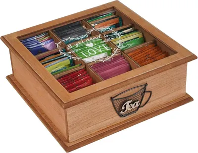 Produktbild von Teebox Holz 9 Fächer Teebeutel Aufbewahrungsbox Glas Deckel