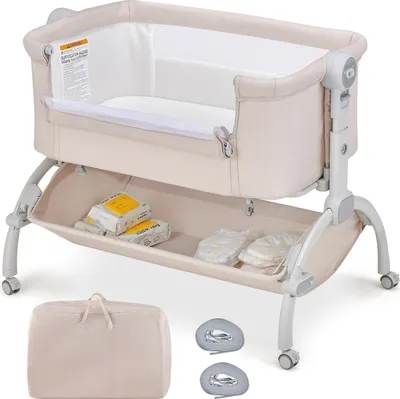 Obrázok produktu pre COSTWAY 3 v 1 spoločná postieľka, cestovná postieľka Baby 7 s nastaviteľnou výškou a matracom, prenosná postieľka, úložný košík pre deti do 9 mesiacov, béžová
