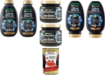 Produktbild von G. Ultra Dolce Purificante e Idratante Carbone Magnetico,Testpaket Balsamo Shampoo & Maschera Purifying and Moisturizing Magnetic Charcoal, Balsam,Shampoo & Mask+ Italian Gourmet polpa 400g