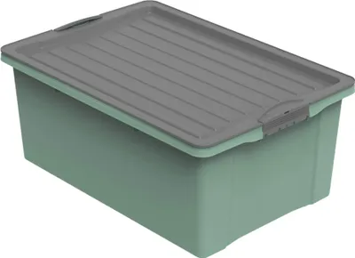 A green storage box with a gray lid is shown against a white background.