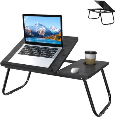 Zdjęcie produktu dla UISEBRT Ciepły biały regulowany na wysokość i składany stolik na laptopa 64x33x28cm, biurko z otworem na kubek, 5-stopniową regulacją nachylenia i podwójną powierzchnią, idealny do łóżka, sofy, gabinetu i domowego biura