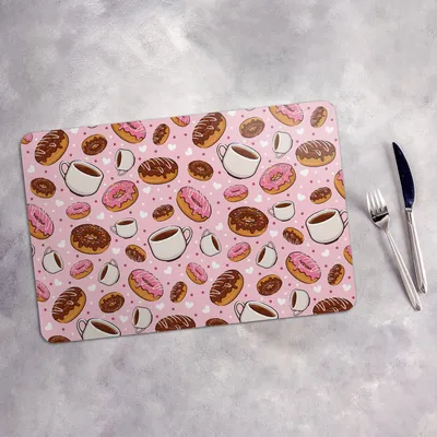 Produktbild von Tischset 6x45x30 cm + 6x10fi cm Platzset Tischmatte Platzmatte Untersetzer - Süßer Donut und Kaffee