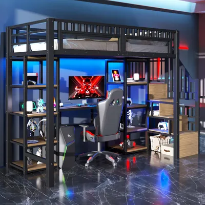 Zdjęcie produktu dla Łóżko piętrowe 90 x 200 cm z biurkiem, listwą LED, portem USB, półką i organizerem, bez materaca, kolor czarny, wykonane z metalu i MDF