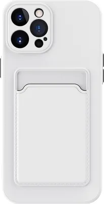 A white iPhone case with a card holder on the back is shown against a white background.
