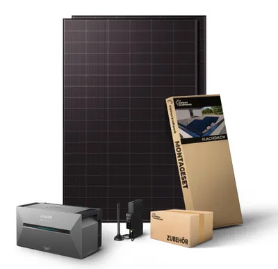 Produktbild von Kleines Kraftwerk 1000W Balkonkraftwerk Flachdach Halterung (bifazial) inkl. Anker Solarbank 3 Pro – 0% MwSt – Solaranlage mit Speicher