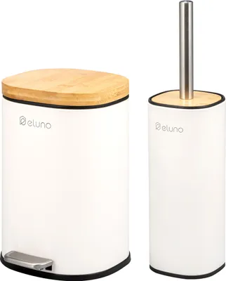 Produktbild von eluno Badezimmer Zubehör Set FRAMURA 2tlg. bestehend aus 1 Kosmetikeimer, 1 WC-Garnitur, aus weißem Metall und Bambus