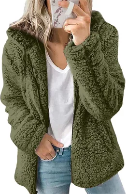 Produktbild von ASKSA Damen-Sweatshirt Flauschige Sherpa-Fleece-Jacke mit Reißverschluss Langärmelig,  Army Grün, S