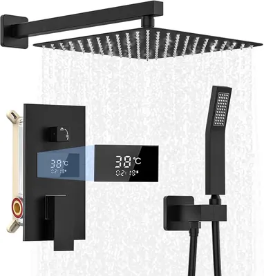 A black shower system with a square overhead showerhead, a wall-mounted control panel with a digital display showing temperature and time, and a handheld showerhead.