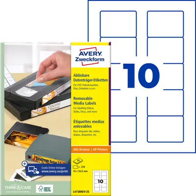 Produktbild von Avery Zweckform L4738REV-25 Etiketten für Speichermedien, 70 x 50,8 mm, 25 Blatt/250 Etiketten, weiß