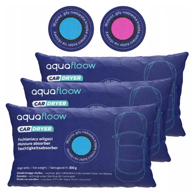 A product shot of three blue car dryer bags with two indicator discs above them.