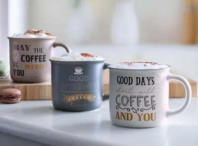 Produktbild von 3x Tasse "Coffee" Kaffeetassse aus Porzellan mit Spruch, große Kaffee Becher, 350 ml