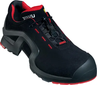 A single black and red safety shoe is shown against a white background.