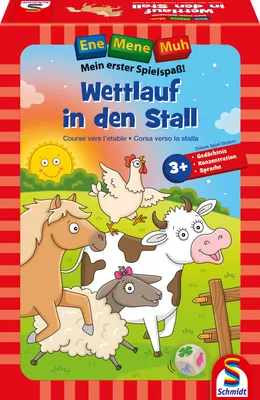 The image shows the front packaging of a children's board game with cartoon farm animals.