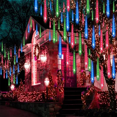 Produktbild von Lichterkette Außen LED Meteorschauer Lichterregen Schneefall Lichter Wasserdicht Weihnachten Beleuchtung für Hochzeit Party Garten Baum Dekoration 50CM 8Tubes Bunt