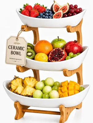 Obstschale 3-stöckig aus Keramik & Bambus, platzsparend
