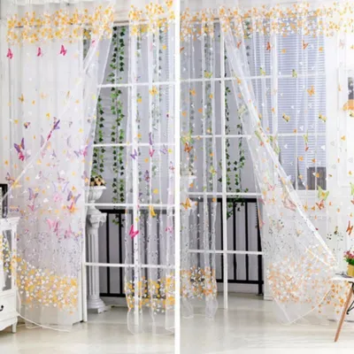 Produktbild von Schmetterling blumendruck fenster vorhang gaze wohnzimmer schlafzimmer drapieren grün 100 * 200 cm
