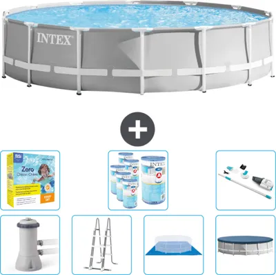 Produktbild von Intex Round Prism Frame Swimming Pool – 427 x 107 cm – Grau – inklusive Pumpe – Leiter – Bodenplane – Abdeckung Wartungspaket - Filter - Staubsauger