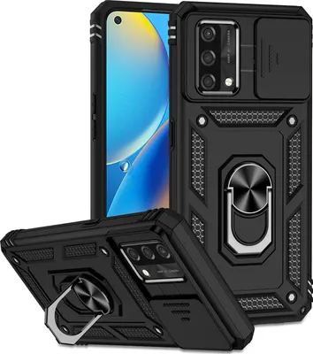 A black phone case with a ring holder and a sliding camera cover is displayed with a phone inside.