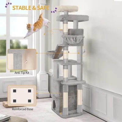 Image de Arbre à chat de couleur gris clair, de 185 cm de hauteur, avec griffoir et poteaux en sisal, idéal pour les chats d'intérieur
