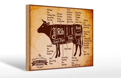 Produktbild von Holzschild Kuh 30x20cm Beef cuts Organic Metzgerei